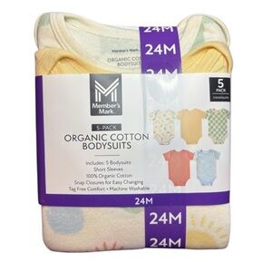 MEMBERS MARK 5 Pack Organic Cotton Body Suits Short Sleeve Snap Closure Tag Free